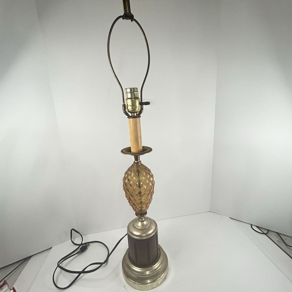 Mid Century Amber Glass Pineapple Table Lamp 1960s Hollywood Regency